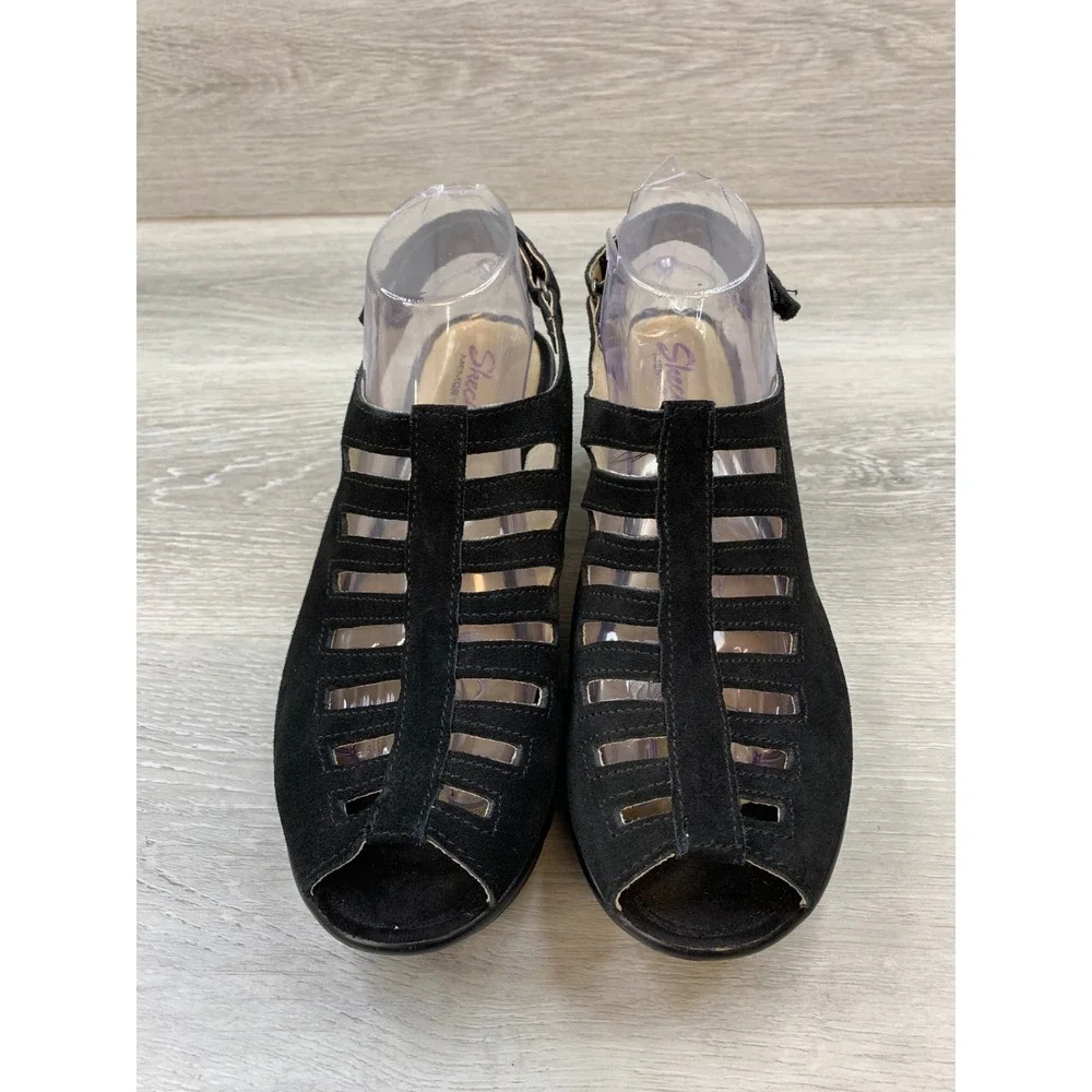 Skechers Women's Sandals Black Leather Caged Wedge Peep Toe 9 Comfort Shoes